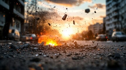 Fototapeta premium nuclear war military catastroph concept. Explosion at sunset with debris and urban backdrop.