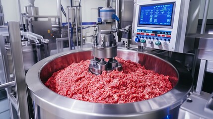 Industrial mincing machine mixing ground meat in a food processing plant