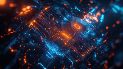 Cybernetic Cube: A mesmerizing digital artwork of a glowing orange and blue cybernetic cube, radiating energy and complex interconnected circuits. It embodies the essence of technological advancement.