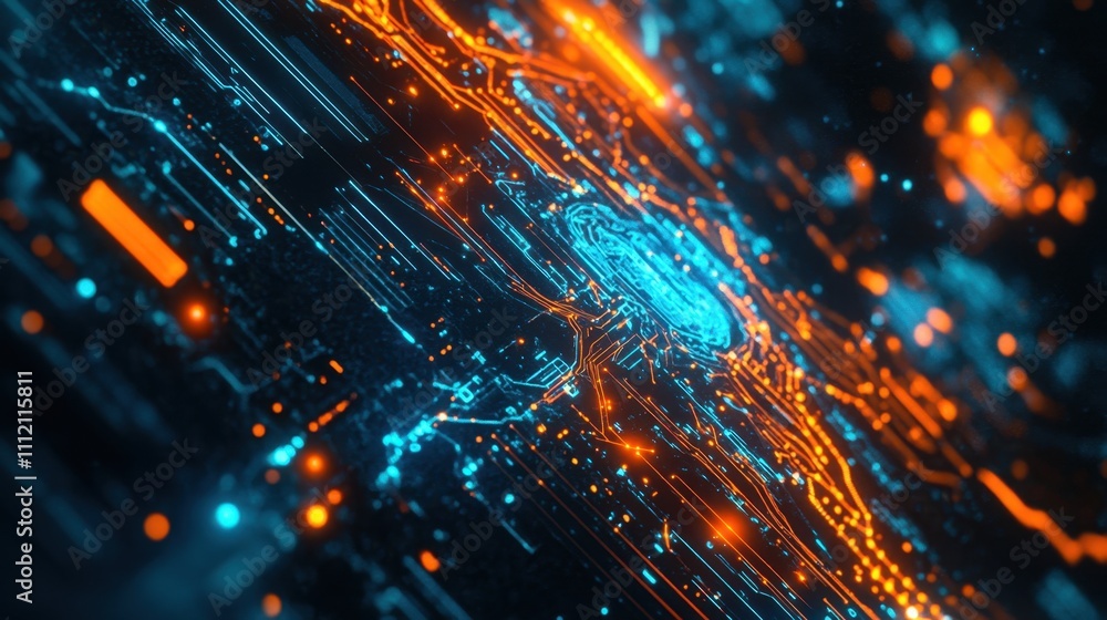 Poster cybernetic pathways: abstract representation of interconnected circuits glowing with orange and blue