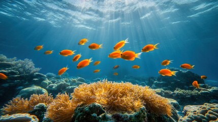Fototapeta premium Vibrant orange fish school swimming above a coral reef in sunlit ocean water.