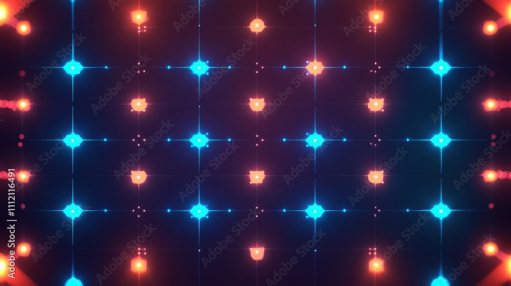 Poster a glowing neural network with vibrant blue and orange nodes connected by clean digital lines, arrang
