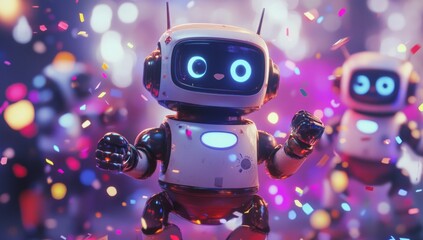 Cute Robots Having Fun Amidst Flying Confetti with Bokeh Background