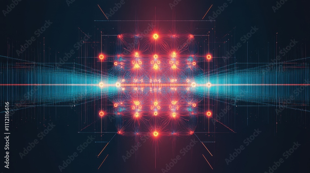 Poster a glowing neural network with vibrant blue and orange nodes connected by clean digital lines, arrang