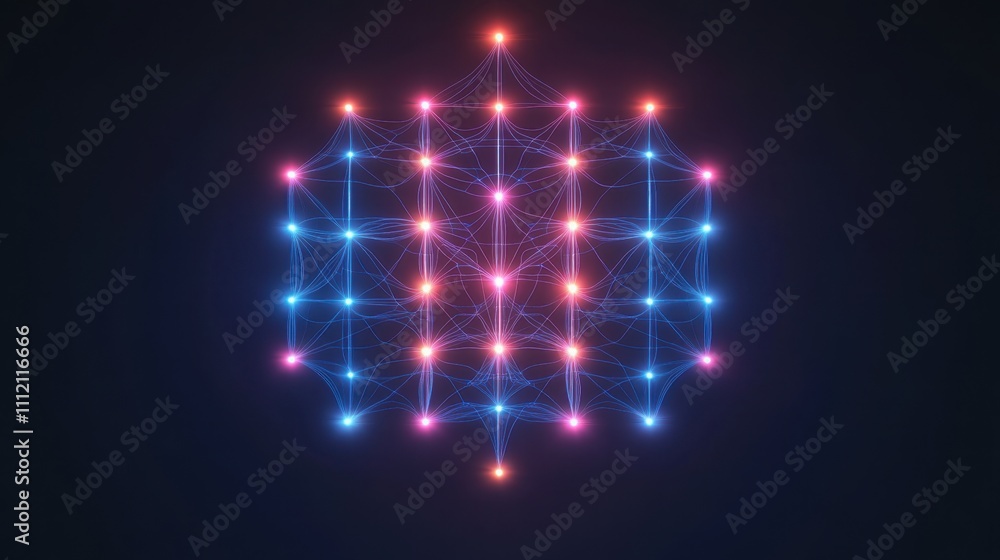 Poster A glowing neural network with vibrant blue and orange nodes connected by clean digital lines, arranged in a symmetrical grid pattern, set against a simple dark gradient 