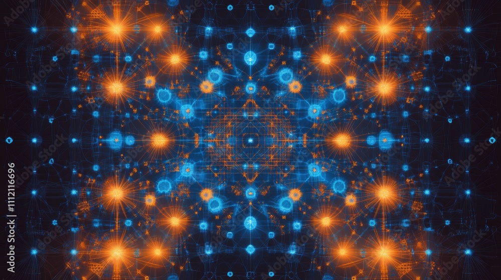 Poster a glowing neural network with vibrant blue and orange nodes connected by clean digital lines, arrang