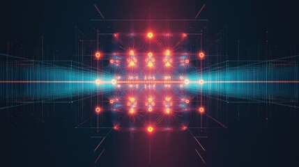 Fototapeta premium A glowing neural network with vibrant blue and orange nodes connected by clean digital lines, arranged in a symmetrical grid pattern, set against a simple dark gradient