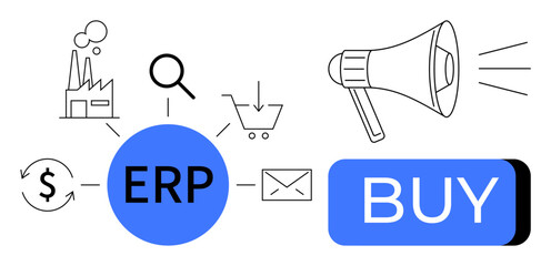 ERP surrounded by factory, search, cart, email, dollar, refresh icons and buy button. Ideal for business process improvements, inventory management, communications, finance, procurement integration