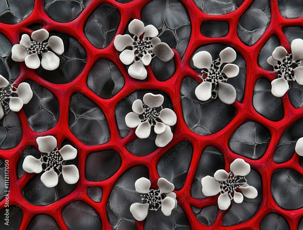 Poster abstract cellular structure with delicate flowers intertwined in red and gray, showcasing intricate 