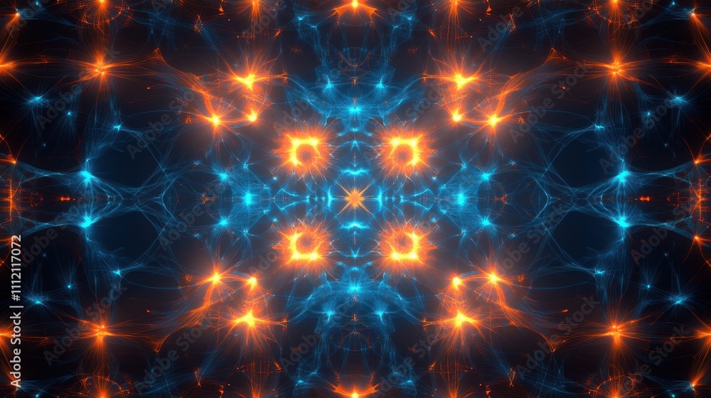 Poster a glowing neural network with vivid blue and orange nodes pulsating with energy, surrounded by subtl