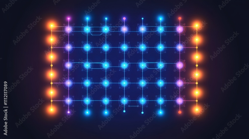 Poster a glowing neural network with vivid blue and orange nodes pulsating with energy, surrounded by subtl