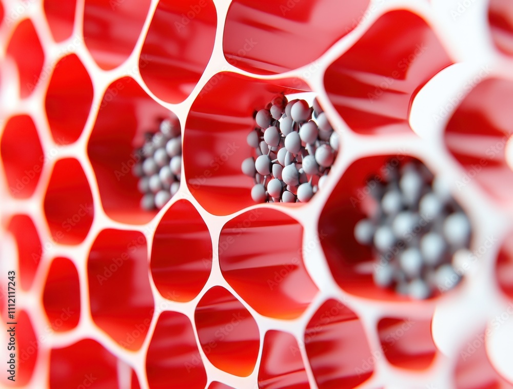 Poster Abstract Close-Up of Red Honeycomb Structure with Gray Spheres Representing Cells in a Microscopic Perspective, Demonstrating Unique Textures and Patterns