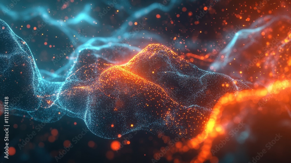 Poster a glowing neural network with vivid blue and orange nodes pulsating with energy, surrounded by subtl