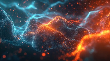 A glowing neural network with vivid blue and orange nodes pulsating with energy, surrounded by subtle light particles and dynamic wave patterns, set against a dark gradient 