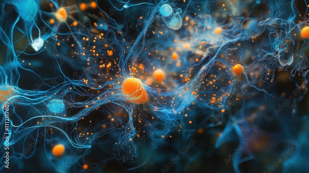 Poster a glowing neural network with vivid blue and orange nodes pulsating with energy, surrounded by subtl