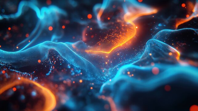 A glowing neural network with vivid blue and orange nodes pulsating with energy, surrounded by subtle light particles and dynamic wave patterns, set against a dark gradient 