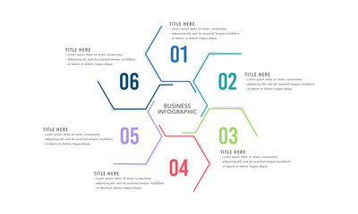 Infographic in the shape of a hexagon, divided into 6 key sections, featuring numbers and text for business presentation. Plan, Strategy, Banner and Marketing. Vector illustration.