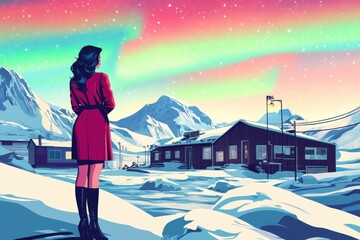 Obraz premium Pop-art illustration of a woman standing under the northern lights in a snowy arctic village, perfect for winter-themed designs