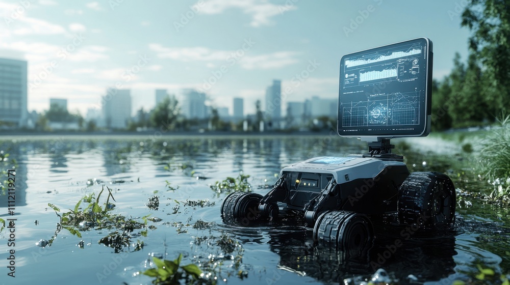 Poster a high-tech autonomous robot equipped with advanced sensors and mechanical arms, cleaning debris fro