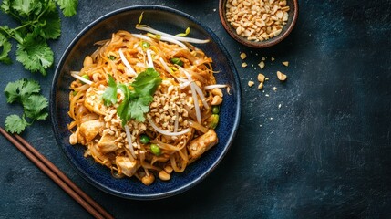 Delicious Pad Thai with Fresh Herbs and Crushed Peanuts on Plate