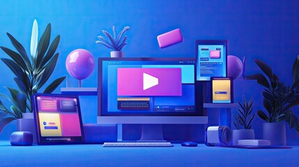 Vibrant blue and purple hues illuminate a modern workspace featuring various digital devices, plants, and playful elements, creating a dynamic scene of digital creativity.