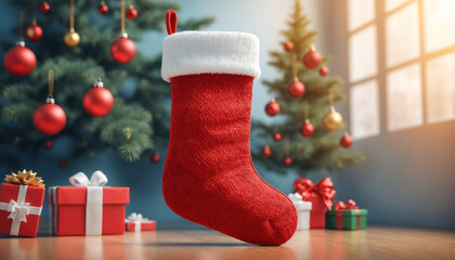 Festive Christmas red stocking mockup isolated on blurred christmas tree background, Ai generated images