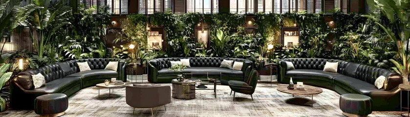 Luxury Tropical Lounge Illustration:  Curved Sofas and Lush Greenery
