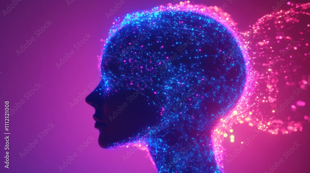 Poster digital mindscape: a mesmerizing representation of a human head composed of glowing particles and ne