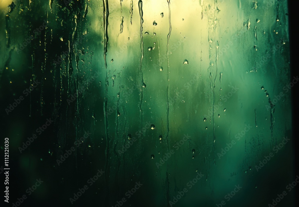Poster Abstract View of Rain Drops on a Foggy Window Pane with Greenish Hues and Soft Light Creating a Tranquil Atmosphere in a Natural Setting