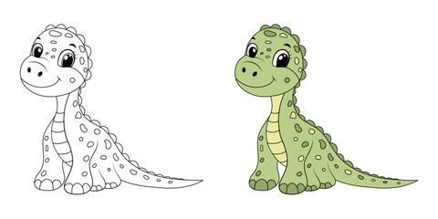 Cute funny dinosaur, children's illustration in flat cartoon style. Perfect for children's educational and play projects, coloring book, print, greeting card