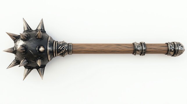 A medieval spiked mace with a wooden handle, isolated on a white background.