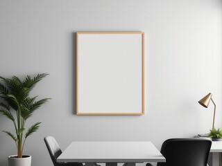 A mockup of office wall art hanging in a modern workspace template, frame, design