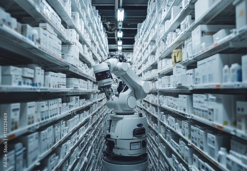 Poster advanced robotic arm in a modern warehouse aisle filled with neatly organized product boxes, showcas