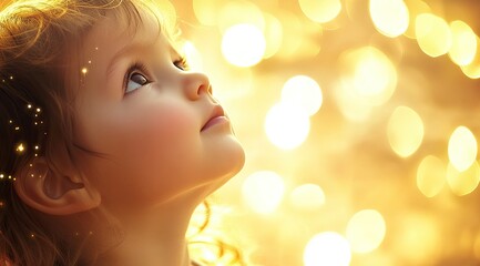 Fototapeta premium Starlit Dreams: Enchanting Portrait of a Child Amid Golden Christmas Lights