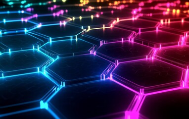 Obraz premium Abstract futuristic background with colorful glowing hexagons on a dark blue background, 
