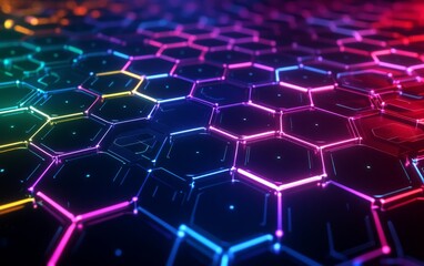 Obraz premium Abstract futuristic background with colorful glowing hexagons on a dark blue background, 