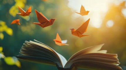 Origami birds flying from open book, symbolizing creativity, imagination, storytelling, artistic...