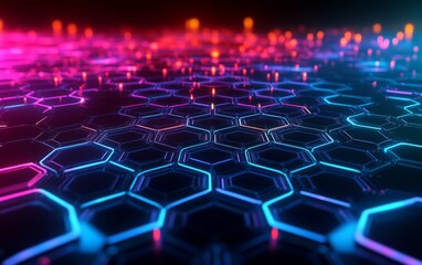 Fototapeta premium Abstract futuristic background with colorful glowing hexagons on a dark blue background, 