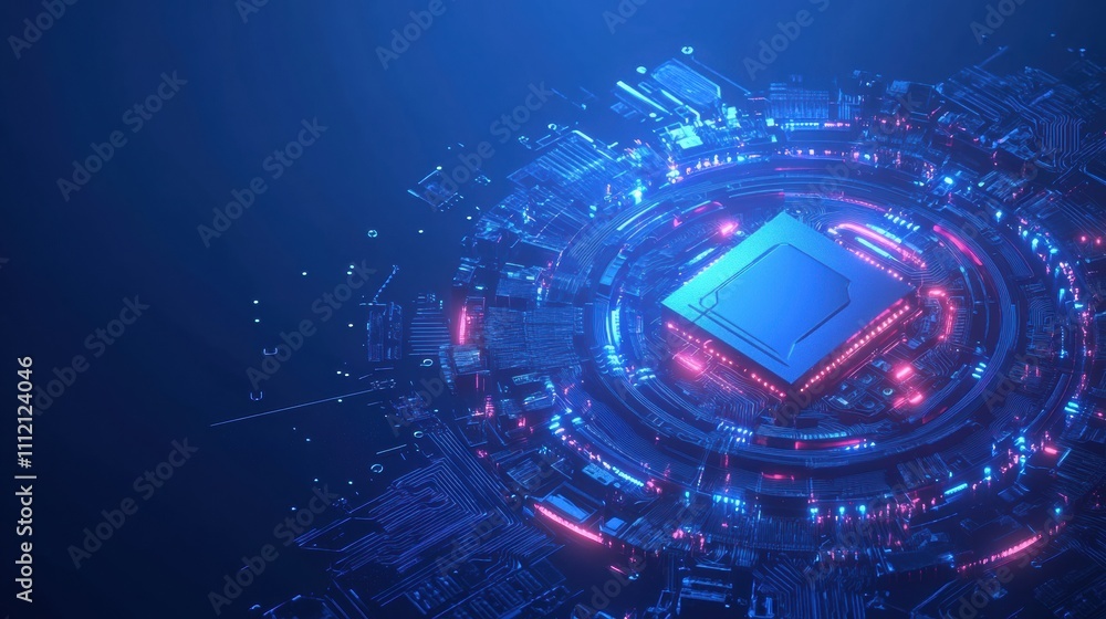 Aufkleber A digital AI chip is at the heart of an abstract tech brain design, featuring vibrant colors on a dark blue background. Generative AI