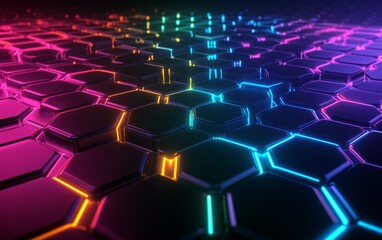 Obraz premium Abstract futuristic background with colorful glowing hexagons on a dark blue background, 