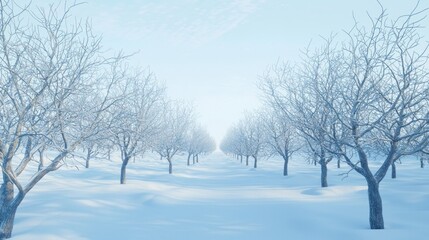 Obraz premium Frosty Tranquility: Ultra-Detailed Photorealistic Snow-Covered Orchard Scene Invoking Calm and Stillness in Nature