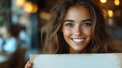 Young woman smiling brightly while holding a blank sign in a cozy cafe during the afternoon. Generative AI