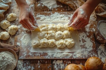 Close-up of hands carefully arranging freshly made dumplings on a floured wooden board, surrounded by other kitchen essentials.