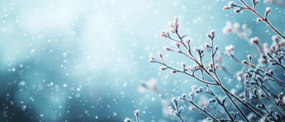 Delicate frost-covered branches against a soft blue winter background with falling snowflakes.