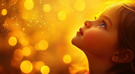 Fototapeta premium Starlit Dreams: Enchanting Portrait of a Child Amid Golden Christmas Lights