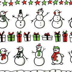 Vector seamless pattern with hand drawn holiday gift boxes, cute snowmen and holiday festoons. Beautiful Christmas and New Year design elements.