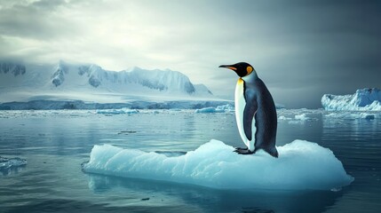Fototapeta premium Penguin standing on melting ice in Arctic Ocean representing global warming and climate change