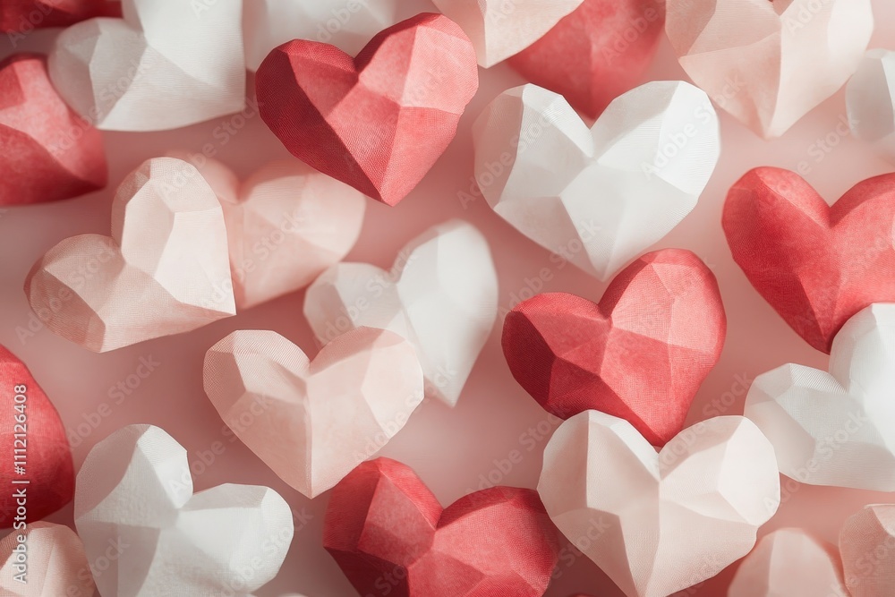 Poster overlapping heart shapes in various geometric forms and colors for creative backgrounds and designs