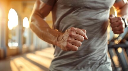 male person running on treadmill in gym close up 