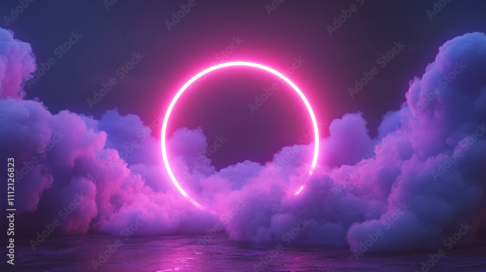 Poster colorful neon light ring on a dark background with fog and clouds in the shape of a circular frame